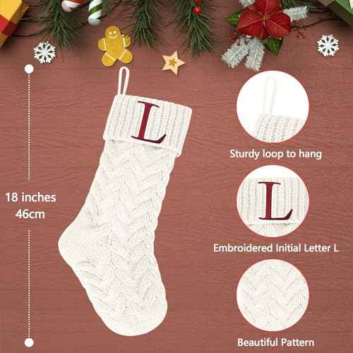 18 Inches Personalized Initial Monogram Christmas Stockings Ivory Family Xmas Stockings for Fireplace and Home Decor,Embroidered Letter L