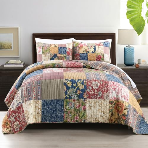 Luxury Floral Cotton Quilt Bedspread Set with 2 Shams - King Size 96x108in