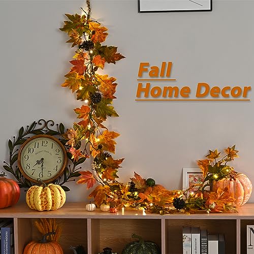 Autumn Maple Leaf Garland 9 Ft with 30 Warm Lights Fall Decor for Mantel & Outdoors