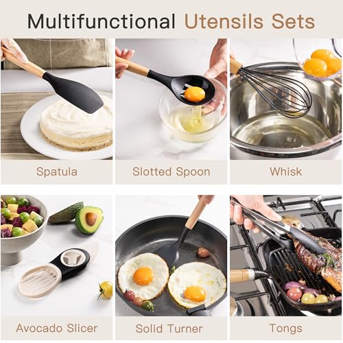 Black 39-Piece Silicone Kitchen Utensil Set with Wooden Handles, Heat-Resistant & BPA-Free