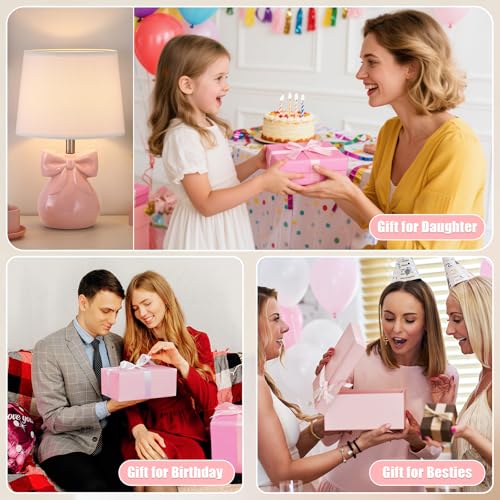 Pink 2 Pack 19-Inch Cute Bow Table Lamps Set for Girl's Room & Bedroom - Modern Ceramic Design