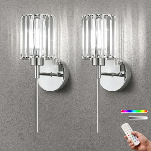 2-Pack Chrome Wireless Crystal Wall Sconces with Dimmable Bulbs, Remote & 12 Colors