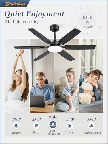 Black 52 Inch Ceiling Fan with Lights Remote Control & 2 Downrods