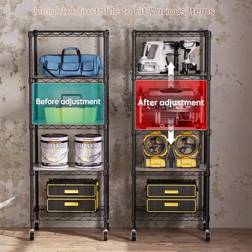 SINGAYE 5-Tier Adjustable Metal Pantry Shelf Black, 11.8"D x 17.3"W x 57.2"H