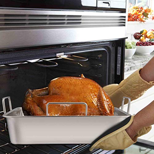 TeamFar Stainless Steel Roasting Pan 16-Inch Large Turkey Roaster Pan - Silver