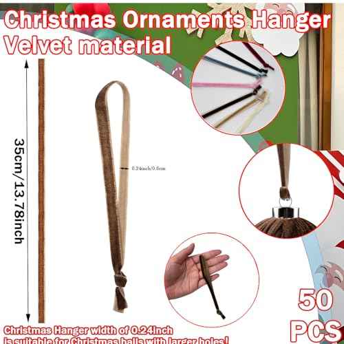 Velvet Hanging Ribbons Christmas Ribbons Hangers Retro Christmas Ornaments String Hanger Hand Tied Ornament Ribbon Loops for Christmas Tree Ornament Decorations (50, Brown)