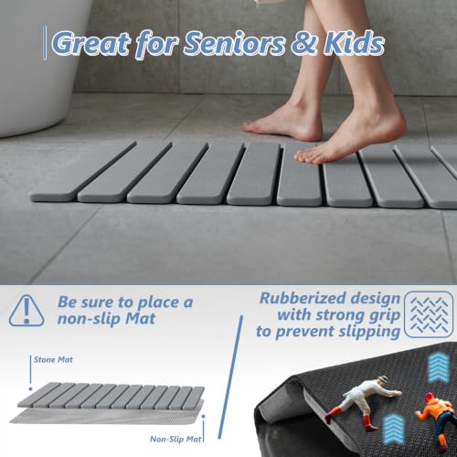 AWW Foldable Diatomaceous Stone Bath Mat - Non-Slip, Quick-Dry, Grey, 31.5" x 15.7" (12 Fold)
