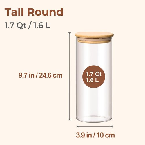 ComSaf Glass Storage Containers - 1.7 Qt Clear Jars with Lids | Set of 3 Round Canisters for Pantry Organization