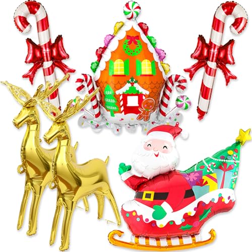 Sleigh Santa Christmas Balloons Set with Reindeer & Candy Cane Foil Balloons - 6PCS Holiday Decor