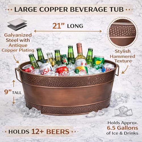 Heavy-Duty Copper Finish Beverage Tub for Parties, Large Oval 6 Gallon