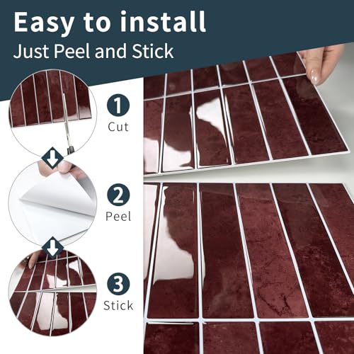 Vintage Red 10 Sheets Thicker Peel and Stick Subway Tile Backsplash - Waterproof & Easy Install