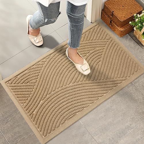 Outdoor Welcome Door Mat 36x24 Inches - Absorbent Muddy Dirt Resistant Non-Slip Entry Rug Beige