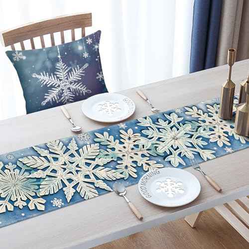 Winter Snowflake Blue Table Runner, Christmas Snow Kitchen Dining Table Decoration, Seasonal Burlap Indoor Outdoor Home Decor Party Supply 13 x 72 Inches