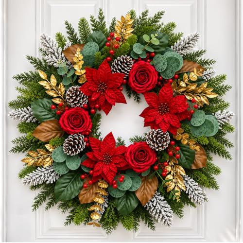 28-Inch Christmas Wreath for Front Door with Red Poinsettia & Rose Accents