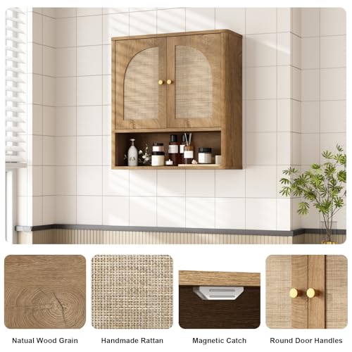 RUSTOWN Rattan Bathroom Wall Cabinet with 2 Arched Doors & Adjustable Shelf – Natural Oak