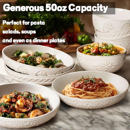 Artena White Pasta Bowls Set of 4 – 50oz Large Ceramic Salad & Soup Plates, Embossed & Reaction Glaze, Microwave & Dishwasher Safe