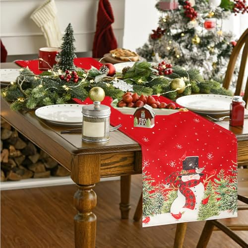Christmas Table Runner, Xmas Table Runners for Table, Snowman Trees Snowflakes Red Winter Table Runner Xmas Dining Table Decorations for Christmas Party Holiday Home Kitchen Decorations, 13x72 Inch