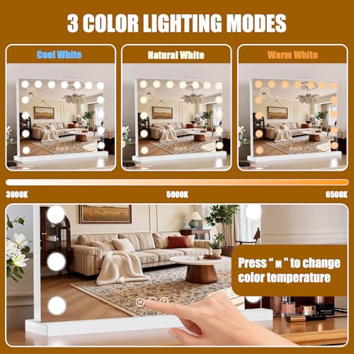 Large 23x18 Inch Hollywood Vanity Mirror with Lights & 10X Magnification - Dimmable 3-Color LED Bulbs - White - Desk Makeup Mirror