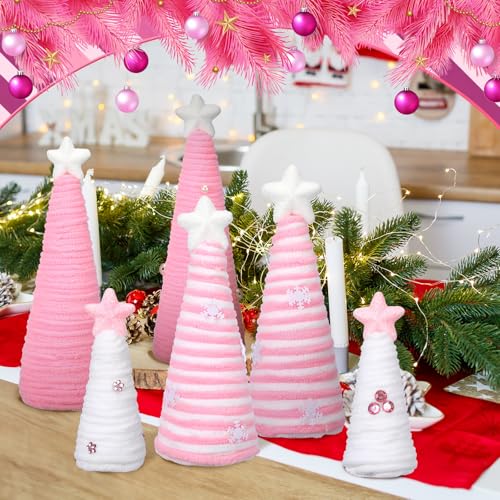 Pink Christmas Mini Yarn Tree Decorations Set - 6pcs Holiday Table Decor