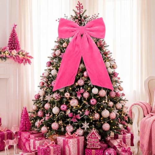 HunnmingRe Large Hot Pink Velvet Bow Christmas Tree Topper 30 Inches