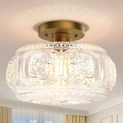 12 Inch Glass Globe Semi Flush Mount Ceiling Light Fixture - Gold