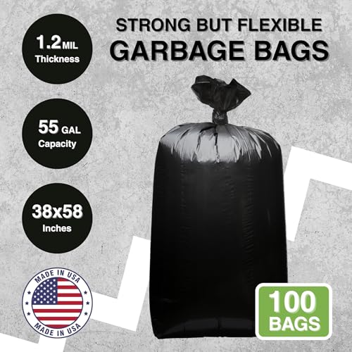 55-60 Gallon Heavy-Duty Black Garbage Bags 38x58 Inch 1.2 Mil Bulk Pack