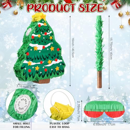Christmas Tree Piñata Decorations 16in Kit with Stick, Confetti & Blindfold – Red & Green