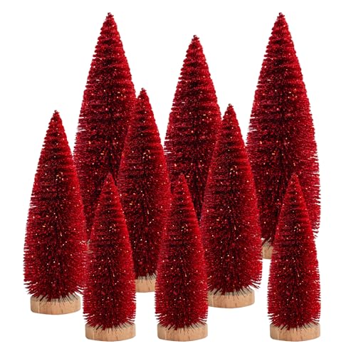 BIJXOYA 9 Pcs Mini Christmas Tree Set - 6/8/10 in with Red Glitter, Wooden Bases