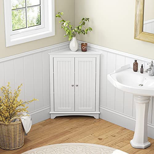 White Corner Bathroom Cabinet with Doors and Adjustable Shelf - Spiralich