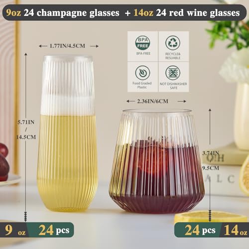 Ribbed Transparent Plastic Wine & Champagne Glasses 56 Pack, 9 & 14 OZ