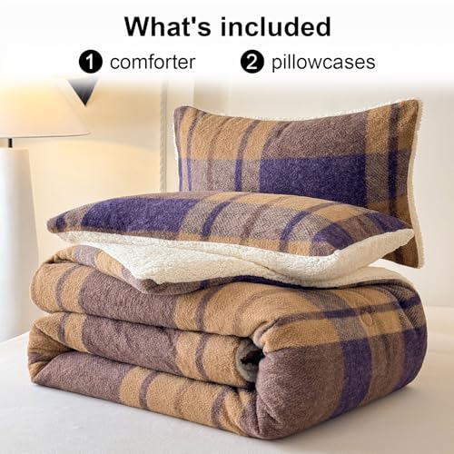 Cyusri Khaki & Blue Plaid Sherpa Comforter Set Queen Size 90x90 with 2 Pillowcases