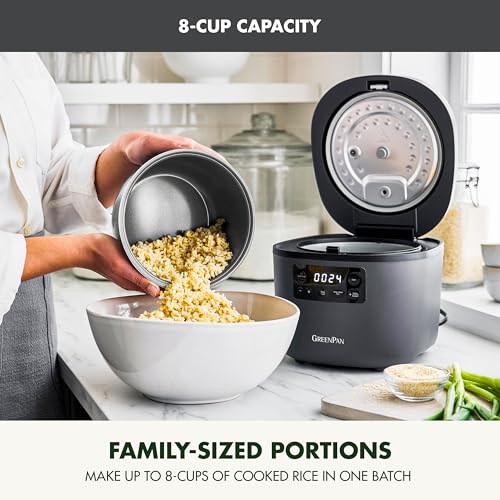 8-Cup Family-Size Rice Cooker - Graphite, PFAS-Free Ceramic Nonstick, Presets