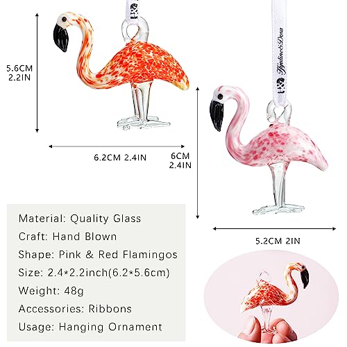 Set of 2 Flamingos Glass Hanging Ornaments Hand Blown Pink Flamingo,Art Glass Birds Animals Figurines Home Garden Flamingo Hanging Decorative(2.5inch,Pink & Red) for Gifts