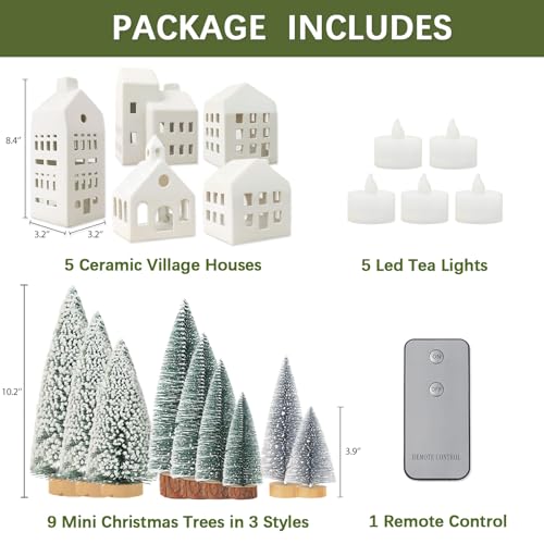 Christmas Village Set with 5 Lighted Ceramic Houses & 9 Mini Trees - Farmhouse Holiday Decor