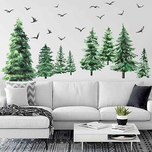 Qilery Watercolor Pine Tree Wall Decals Large Peel and Stick Forest Wall Decal Woodland Branch Birds Sticker Christmas Tree Stickers for Nursery Bedroom Living Room(Classic Style)