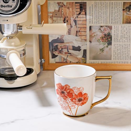Asmwo White Ceramic Daisy Mug 15 oz Floral Coffee Tea Cup with Gold Rim