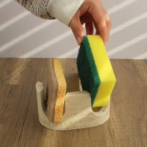 Travertine Marble Sponge Holder - Beige 2-Slot Sink Organizer & Drying Rack