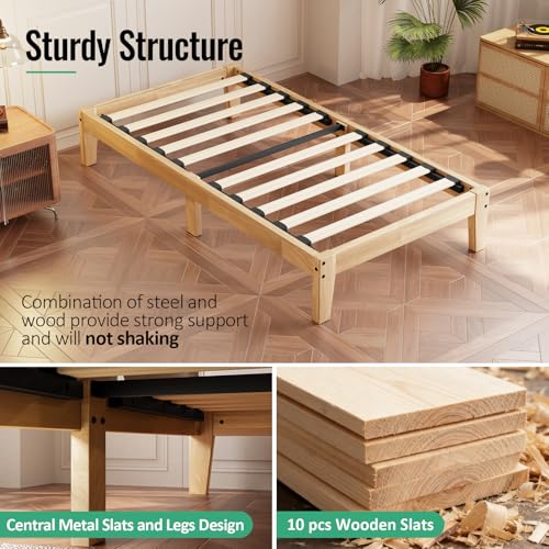 Twin Size Solid Wood Platform Bed Frame 12 Inch Noise-Free Support - Natural Finish