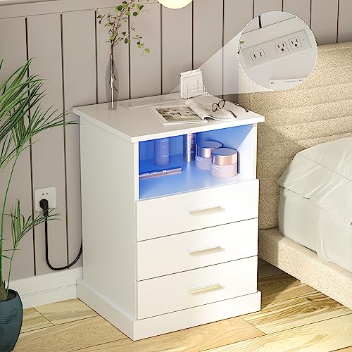 Nightstand with Charging Station & LED Lights - White End Table with 3 Drawers - Variation: White / One Nightstand