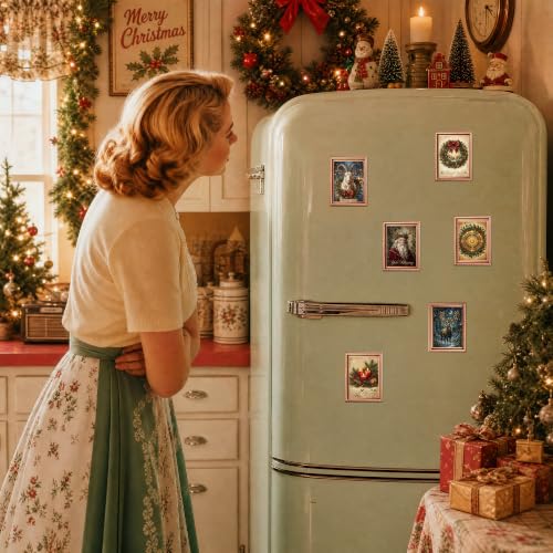 Christmas Yule Fridge Magnets Set - Vintage 3D Wooden Art Frame, 6 Pcs