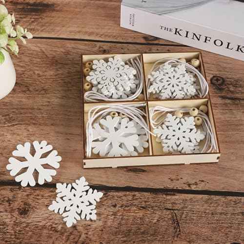 24PCS Wooden Snowflake Ornaments, White Hollowed Snowflake Christmas Tree Hanging Ornaments Rustic Crafts with Rope for Xmas Tree Decor