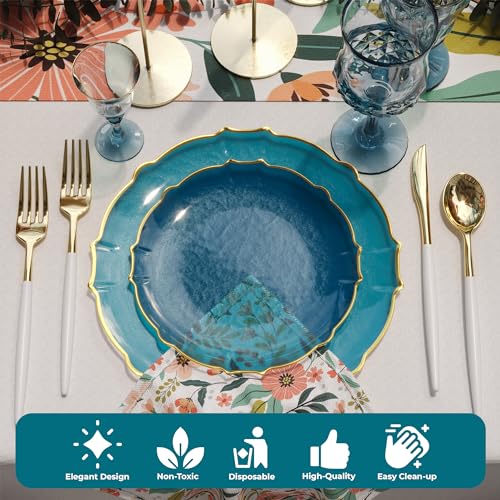 Exquisite Disposable Plastic Plates for Party 80 Piece Fancy Plastic Plates Disposable Plates 40 X 7.5 Dessert Plates disposable & 40 X 10 Thin Delicate Plastic Disposable Plates Black Smoke Gold Rim