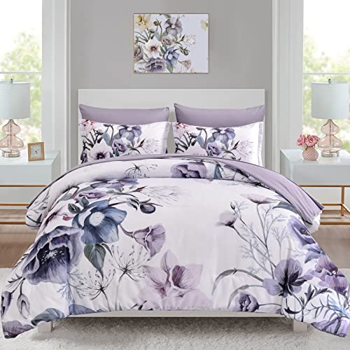 Luxudecor California King Purple Floral 7-Piece Comforter Set Bed in a Bag