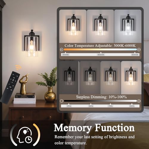 Black Battery Operated Wall Sconce Set of 2 with Clear Glass - Dimmable, Remote Control, 8 Inch