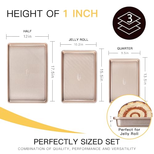HONGBAKE Champagne Gold Nonstick Baking Sheet Set of 3 - Heavy Duty Carbon Steel with Diamond Texture, Oven Safe Up to 450°F