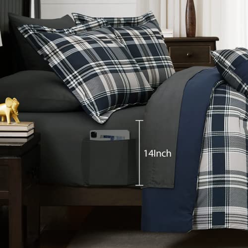 MaiRêve Navy Blue Queen Plaid Comforter Set 7 Pieces Bed in a Bag