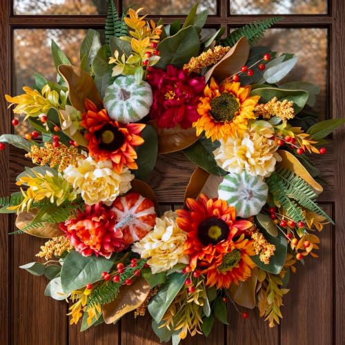 Autumn Magnolia Wreath with Peony & Sunflower - Fall Front Door Decor, 24 Inch - Cream Variation
