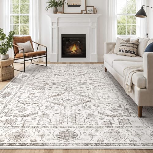 ZUNTKON 7x9 White Washable Area Rug Vintage Style Non-Slip Living Room Carpet