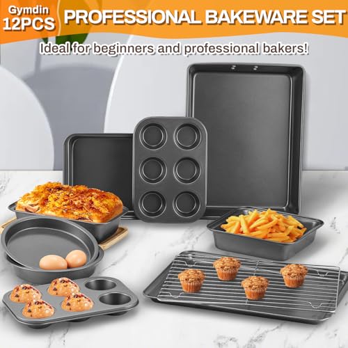 Gymdin Charcoal Nonstick Bakeware Set 12 pcs Carbon Steel Baking Pan Set with Cooling Rack & Oven Mitts