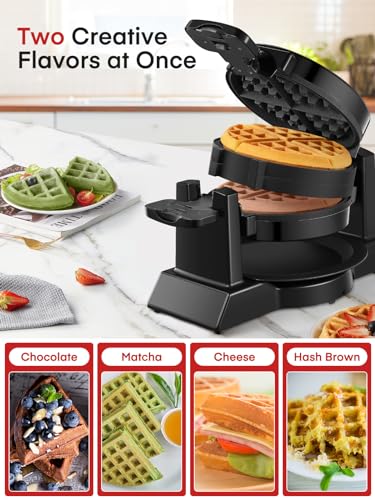 FOHERE Black Double Belgian Waffle Maker 180° Flip, 8 Slices, 1400W